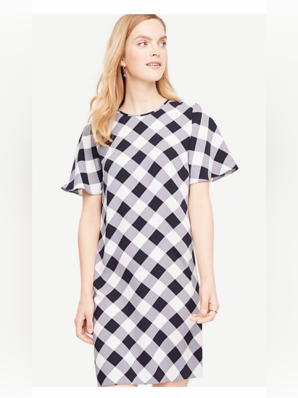Ann Taylor Buffalo Plaid Shift Dress Gray Black White Flutter Sleeve Size 8